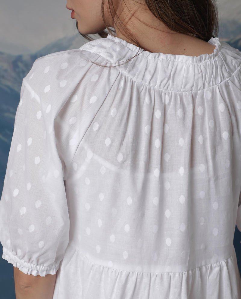 Rareism Women's Myle White Cotton Fabric Short Sleeves Tie-Up Neck Puff Sleeve Regular Fit Plain Knee Length Tiered Dress