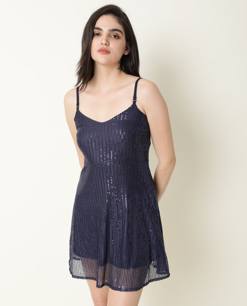Rareism Women's Lovez Dark Blue V Neck Detachable Shoulder Pearl Straps Sequin Party Mini Dress