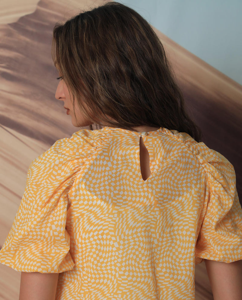 Rareism Women's Bulbine Yellow Cotton Fabric Short Sleeves Round Neck Extended Sleeve Regular Fit Geometric Print Top