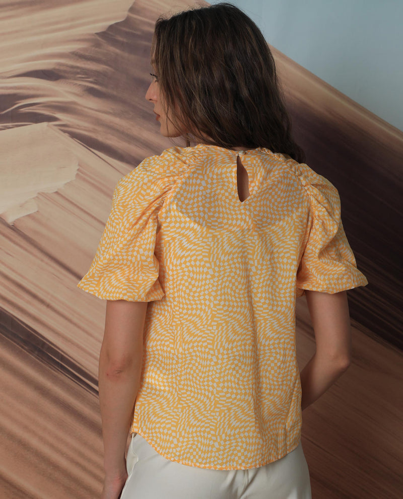 Rareism Women's Bulbine Yellow Cotton Fabric Short Sleeves Round Neck Extended Sleeve Regular Fit Geometric Print Top