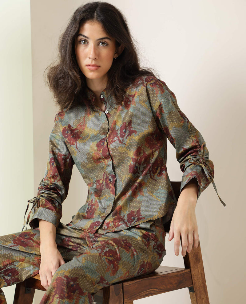 Rareism Women's Skyla Dark Olive Cotton Fabric Full Sleeves Button Closure Mandarin Collar Regular Fit Floral Print Top