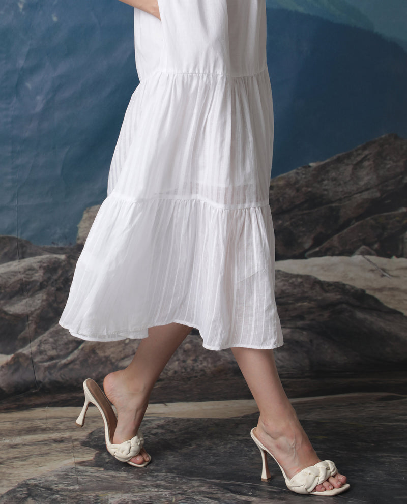 Rareism Women's Myle White Cotton Fabric Short Sleeves Tie-Up Neck Puff Sleeve Regular Fit Plain Knee Length Tiered Dress