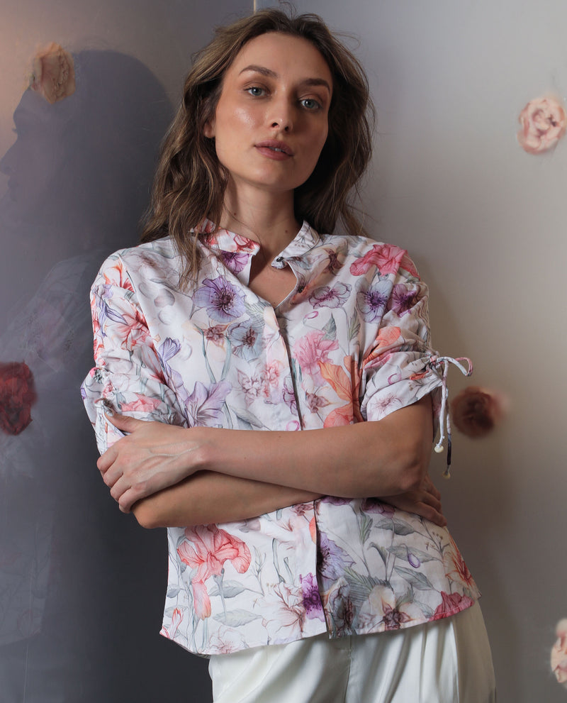 Rareism Women's Roxy Multi Cotton Fabric Short Sleeves Button Closure Mandarin Collar Regular Fit Floral Print Top