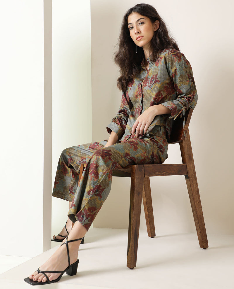 Rareism Women's Skyla Dark Olive Cotton Fabric Full Sleeves Button Closure Mandarin Collar Regular Fit Floral Print Top