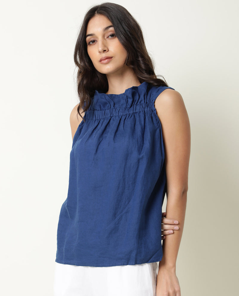 Rareism Womens Flash Blue Top Cotton Linen Fabric Regular Fit Sleeveless Round Neck