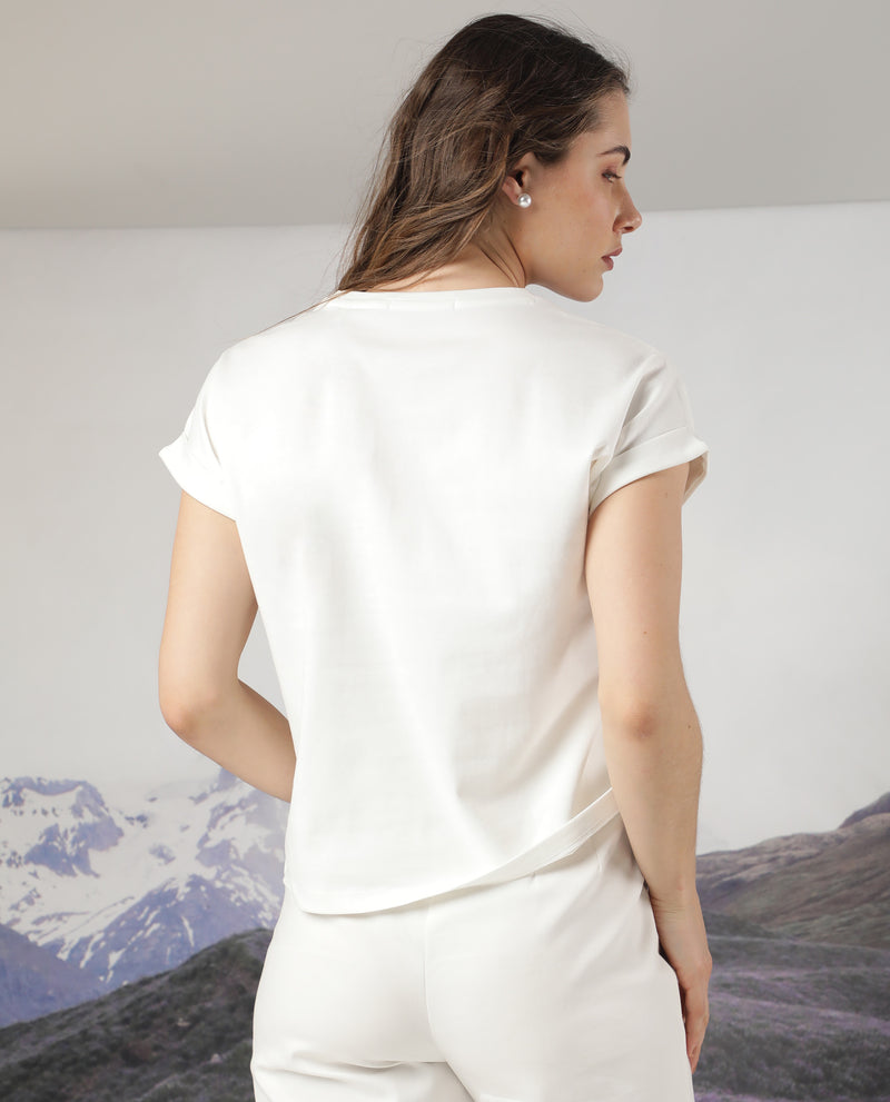 RAREISM WOMEN'S ELVED WHITE T-SHIRT COTTON FABRIC CREW NECK SOLID PATTERN