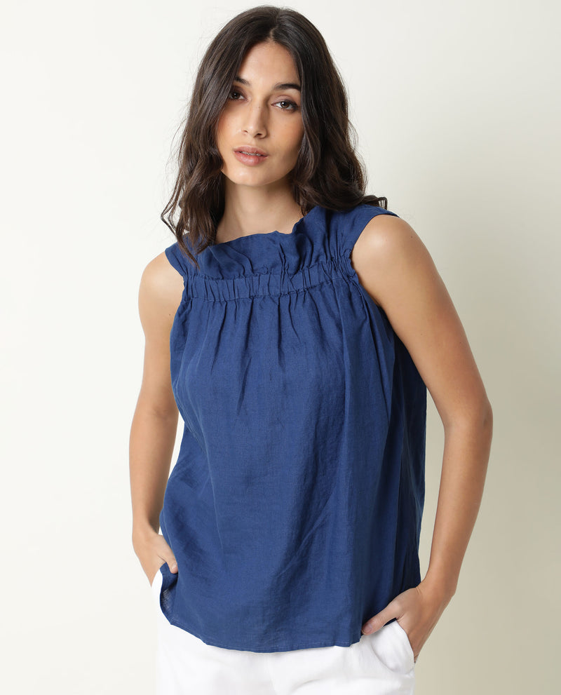 Rareism Womens Flash Blue Top Cotton Linen Fabric Regular Fit Sleeveless Round Neck