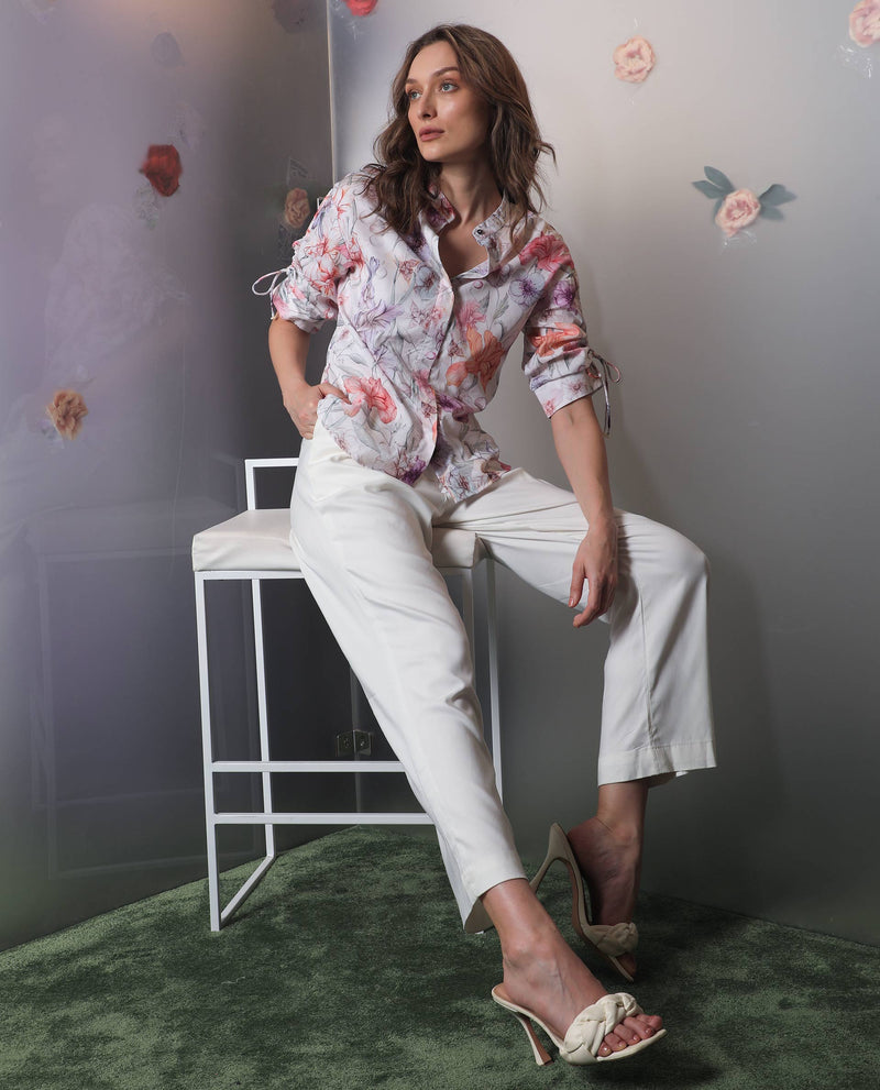 Rareism Women's Roxy Multi Cotton Fabric Short Sleeves Button Closure Mandarin Collar Regular Fit Floral Print Top