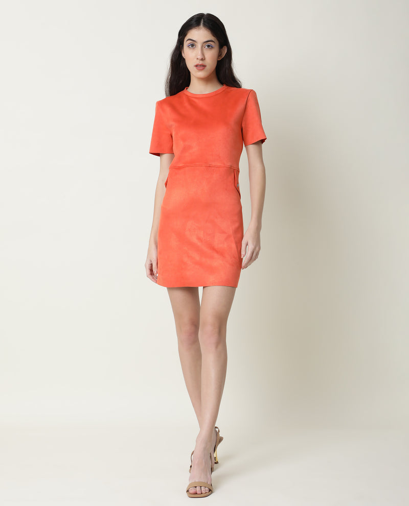 Rareism Women'S Sions Orange Round Neck Short Sleeves Pseudo Side Pockets Mini Dress