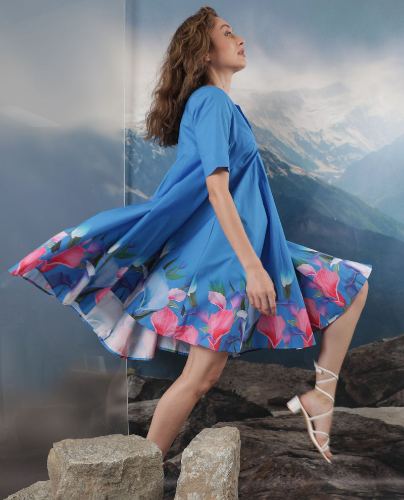 Rareism Women'S Xender Blue Floral Print Overlap Lapel Collar Half Sleeves With Pockets Flared Mini Dress