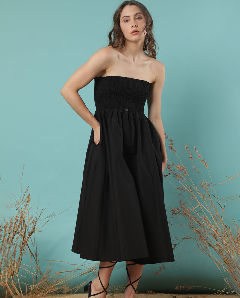 Rareism Women'S Zozo Black Off Shoulder With Detachable Shoulder Straps And Pockets Smocked Midi Dress