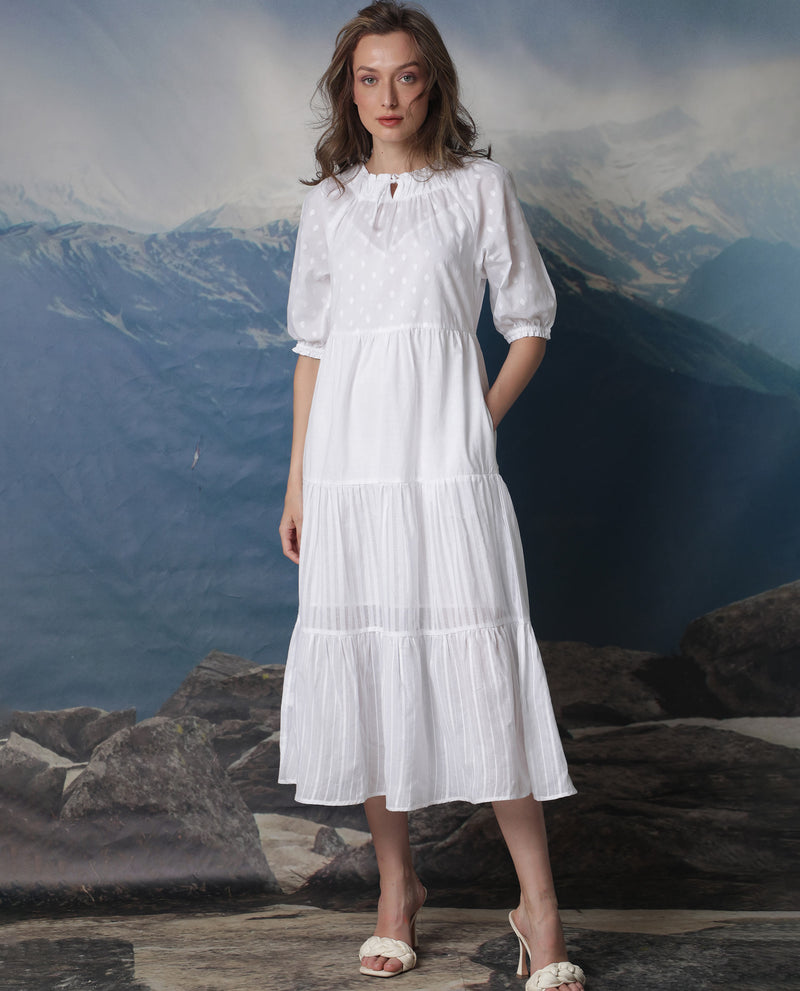 RAREISM WOMEN'S MYLE WHITE DRESS COTTON FABRIC FULL SLEEVES SOLID