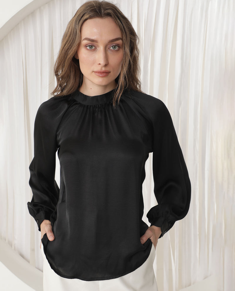 Rareism Women's Kaylinn Black Polyester Fabric Relaxed Fit High Neck Full Sleeves Solid Top