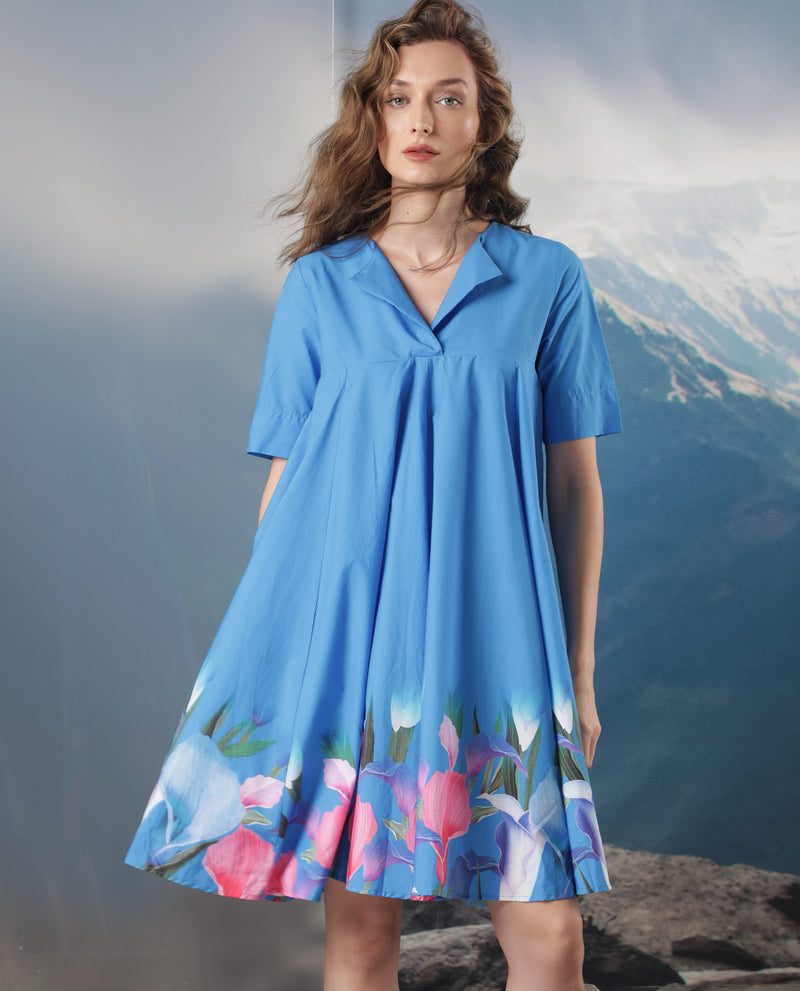 Rareism Women'S Xender Blue Floral Print Overlap Lapel Collar Half Sleeves With Pockets Flared Mini Dress