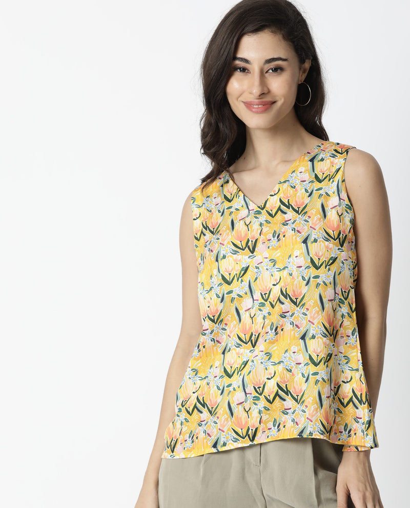 LOOK- FLORAL PRINTED SLEEVELESS WOMEN'S TOP - YELLOW