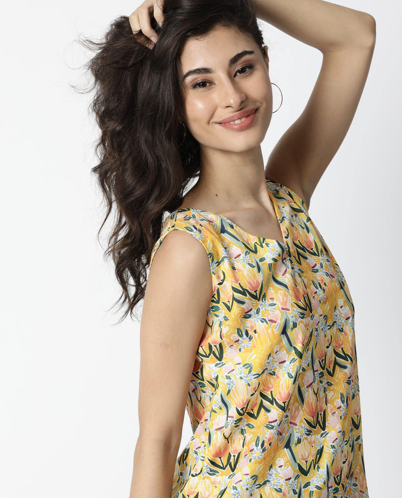 LOOK- FLORAL PRINTED SLEEVELESS WOMEN'S TOP - YELLOW