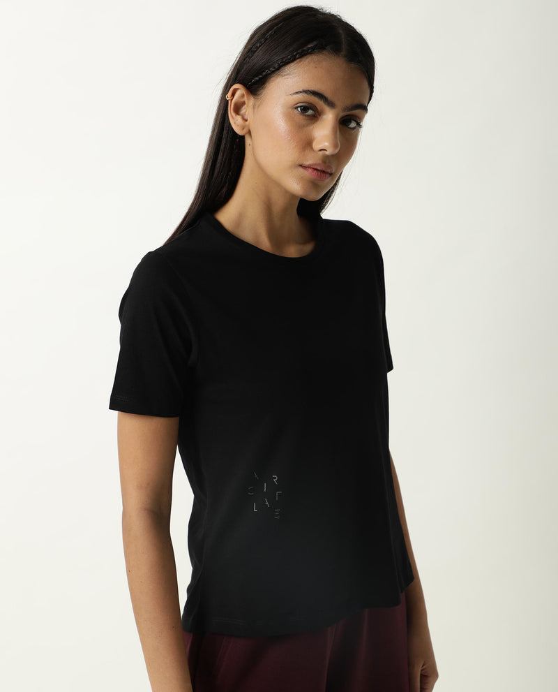 Rareism Women's Alcas Black Cotton Blend Fabric Regular Fit Half Sleeves Solid Round Neck T-Shirt