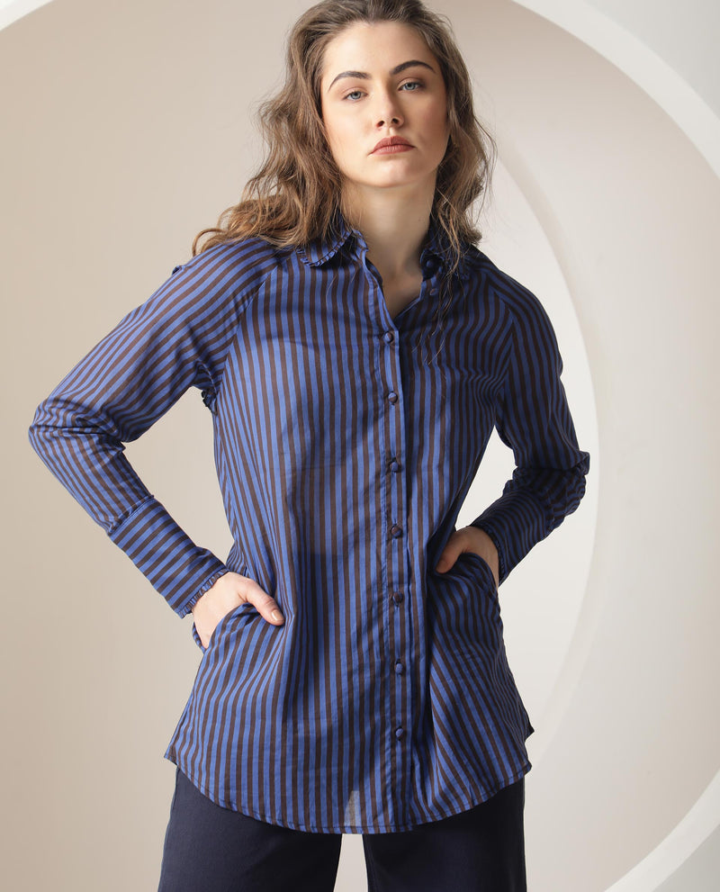 Rareism Women's Treasure Dark Blue Cotton Fabric Full Sleeves Button Closure Shirt Collar Relaxed Fit Striped Shirt