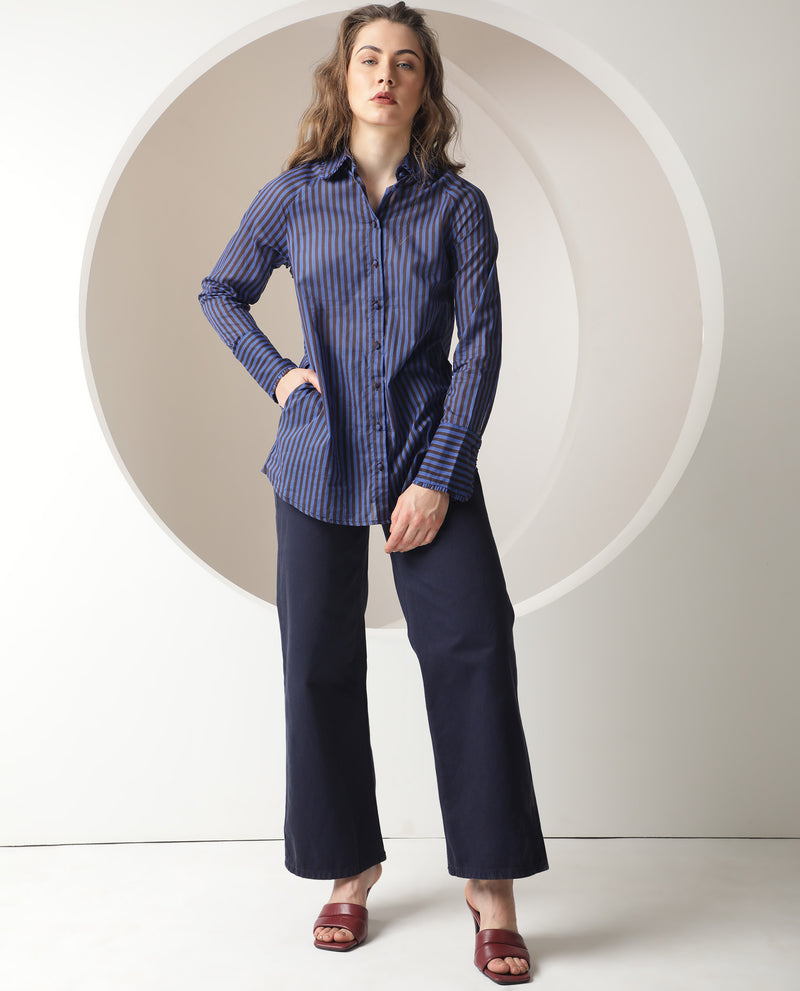 Rareism Women's Treasure Dark Blue Cotton Fabric Full Sleeves Button Closure Shirt Collar Relaxed Fit Striped Shirt