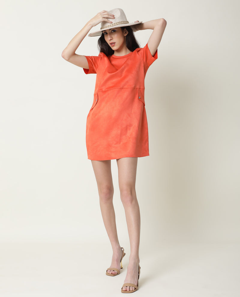 Rareism Women'S Sions Orange Round Neck Short Sleeves Pseudo Side Pockets Mini Dress