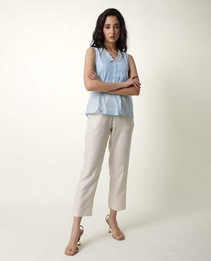 Rareism Women's Leisure Blue Cotton Fabric Regular Fit V-Neck Sleeveless Solid Top