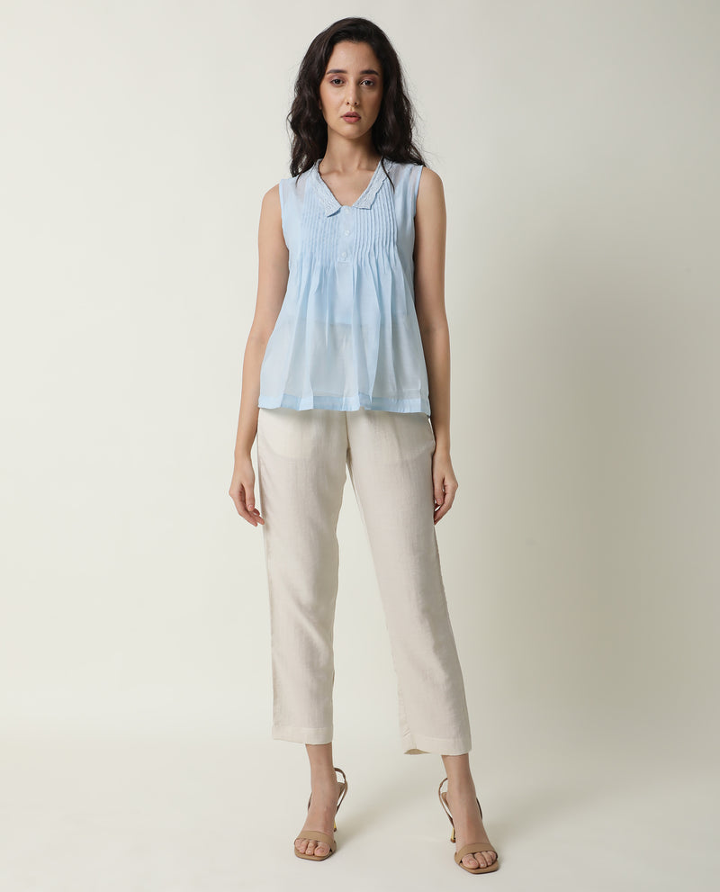 Rareism Women's Leisure Blue Cotton Fabric Regular Fit V-Neck Sleeveless Solid Top