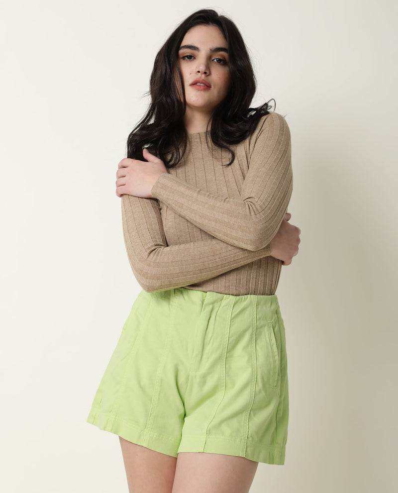 Rareism Women's Painted Flouroscent Green Cotton Lycra Fabric Regular Fit Solid High Rise Shorts