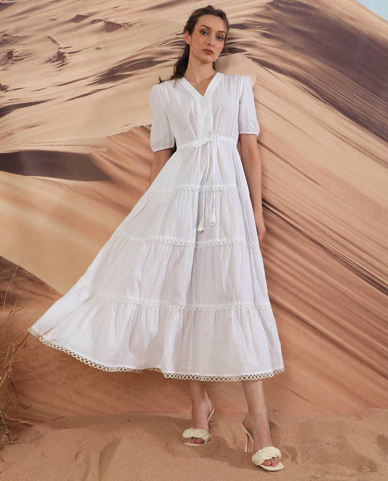 RAREISM WOMEN'S RIVOLI WHITE DRESS COTTON FABRIC SHORT SLEEVES SOLID PATTERN