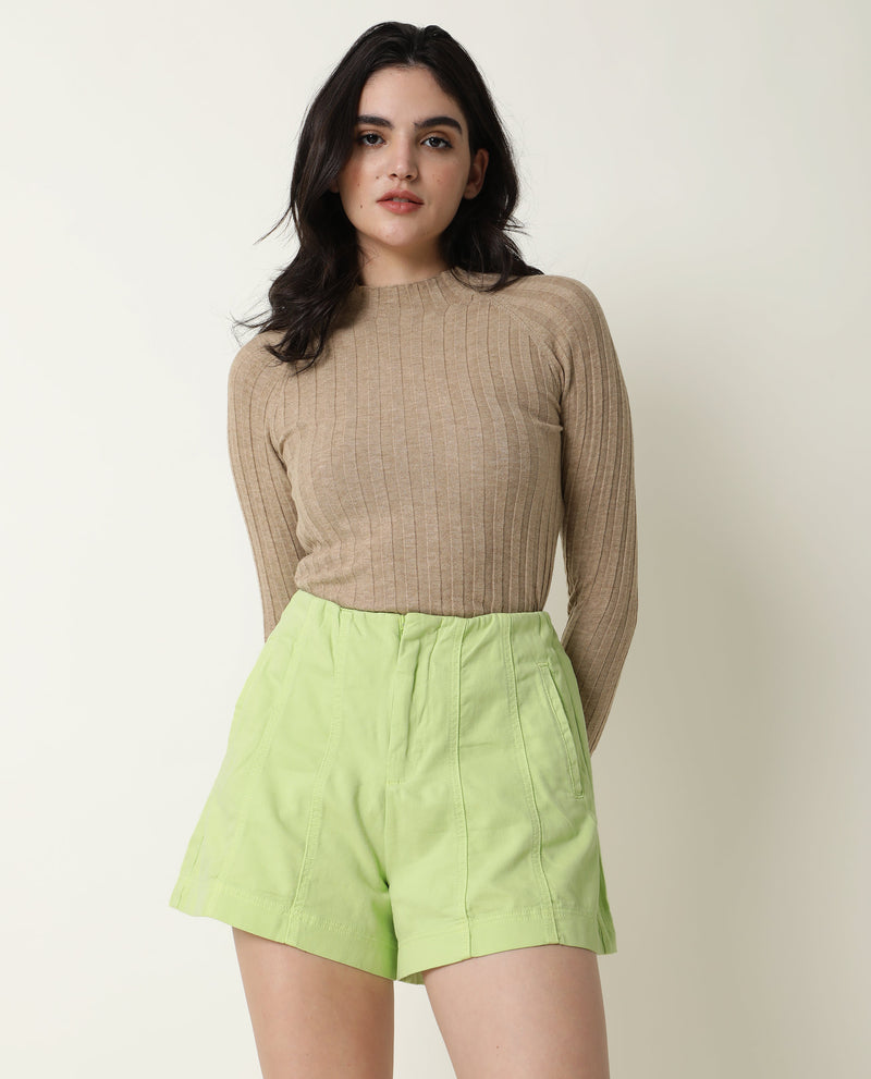 Rareism Women's Painted Flouroscent Green Cotton Lycra Fabric Regular Fit Solid High Rise Shorts