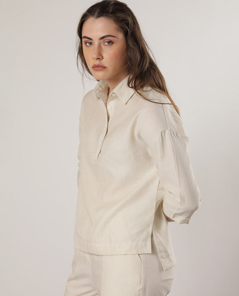 Rareism Women's Velynn Beige Polyester Fabric Regular Fit Shirt Collar 3/4Th Sleeves Solid Top