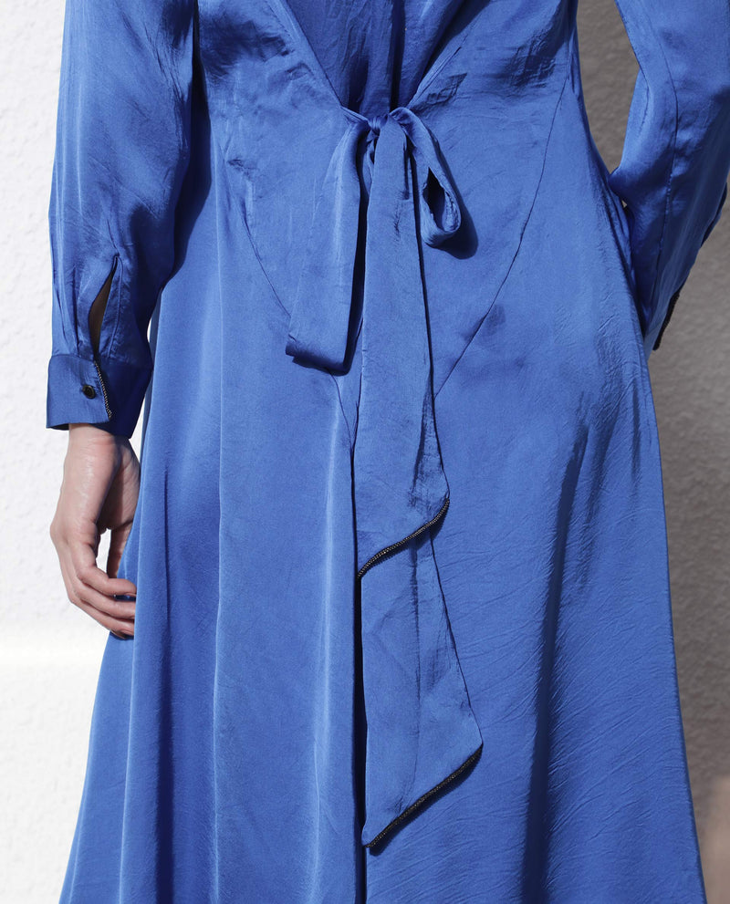 Rareism Women's Galaxy Blue Shirt Collar Neck Full Sleeves With Back Zip Closure Satin Maxi Dress