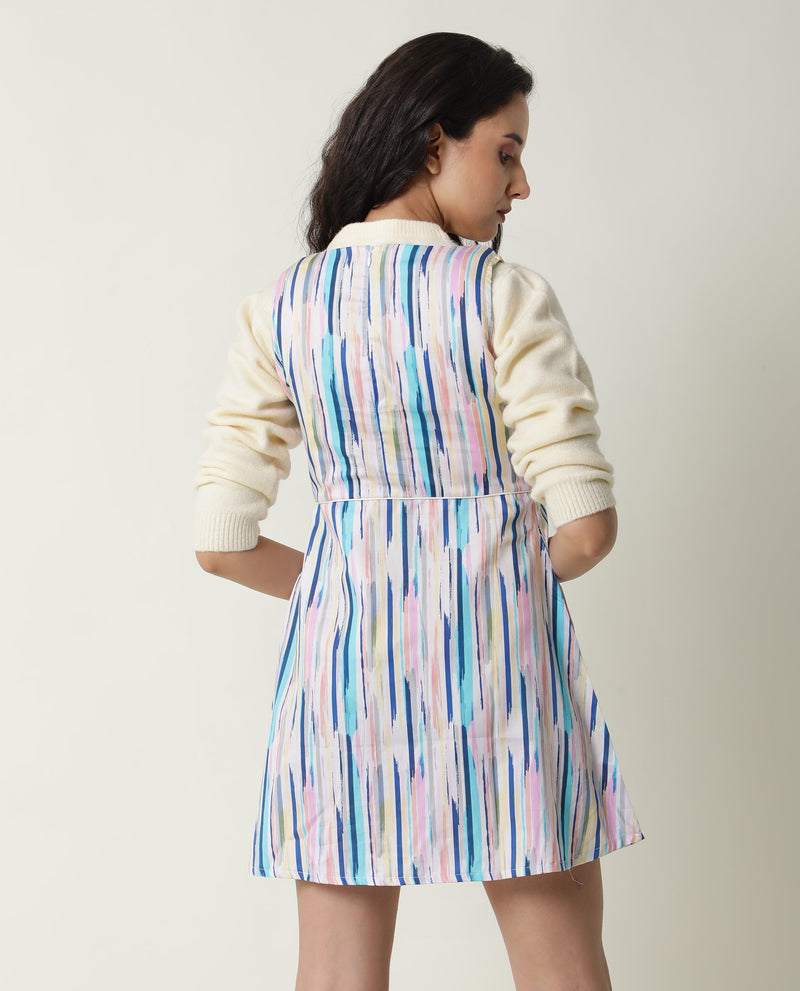 Rareism Women's Nano Multi Striped V Neck Sleeveless With Pockets Mini Dress