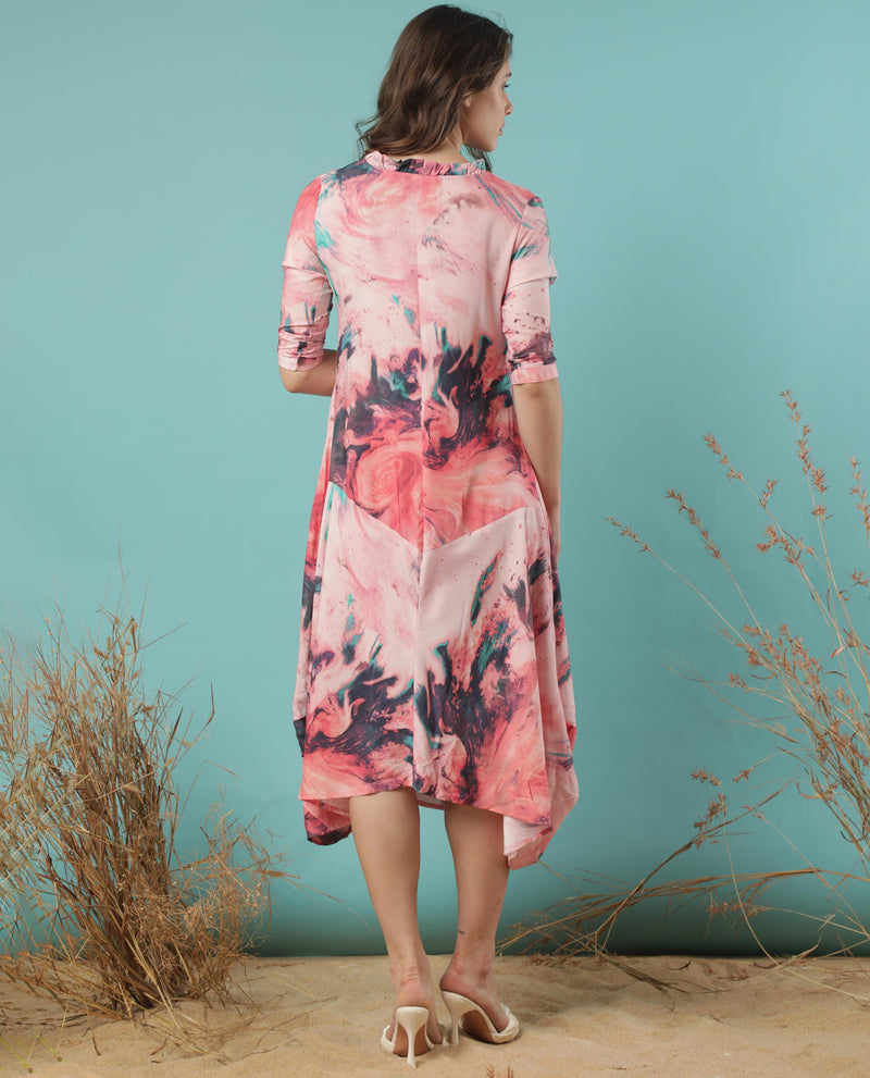 Rareism Women's Park Multi Abstract Ruffled V Neck 3/4 Sleeves With Pockets Asymmetrical Midi Dress