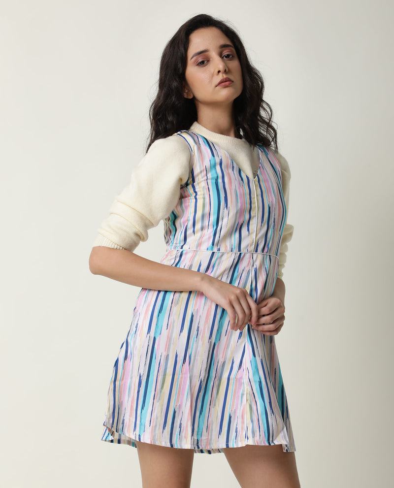 Rareism Women's Nano Multi Striped V Neck Sleeveless With Pockets Mini Dress
