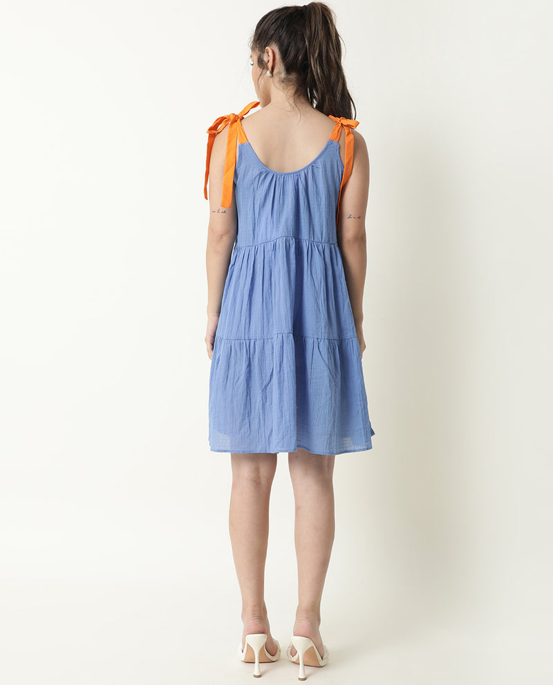 Rareism Womens Melt Blue Dress Cotton Fabric Regular Fit Sleeveless Scoop Neck