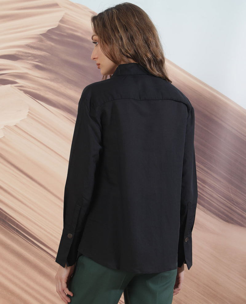 Rareism Women'S Harper Black Modal Fabric Regular Fit Shirt Collar Full Sleeves Solid Top