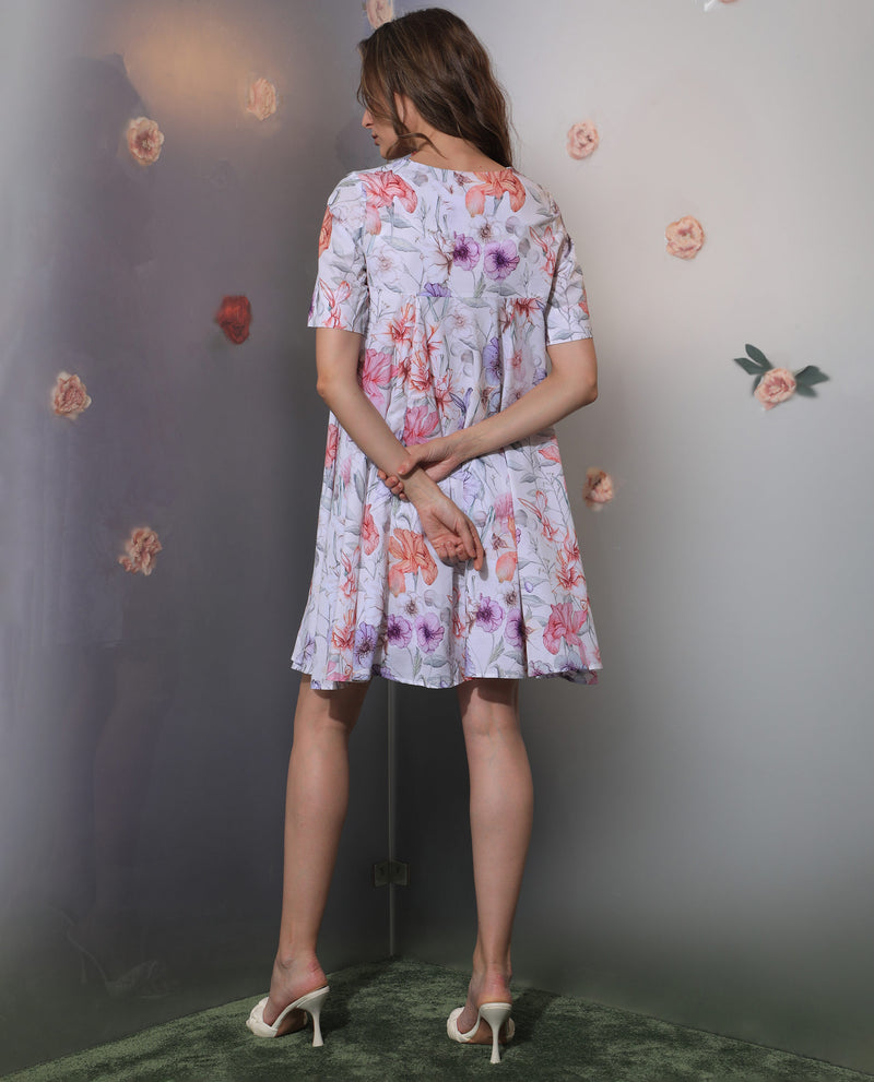 Rareism Women's Paola Multi Cotton Fabric Short Sleeves Lapel Neck Flared Fit Floral Print Knee Length Empire Dress