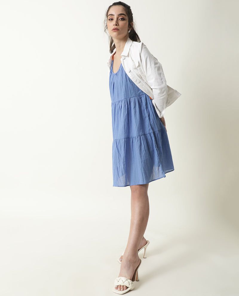 Rareism Womens Melt Blue Dress Cotton Fabric Regular Fit Sleeveless Scoop Neck