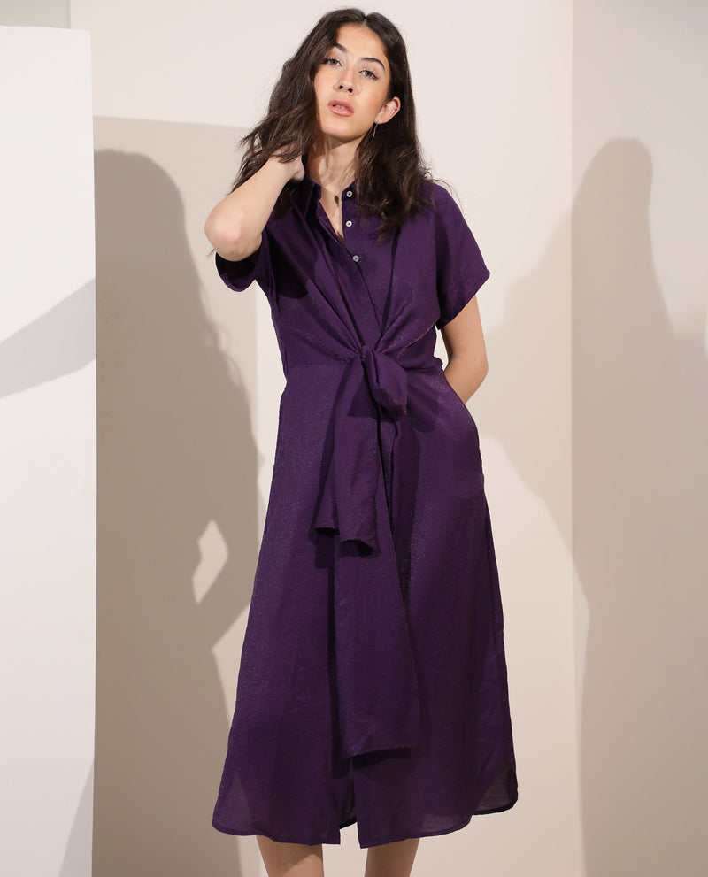 RAREISM WOMEN'S KORI PURPLE DRESS RAYON NYLON FABRIC FULL SLEEVES SOLID