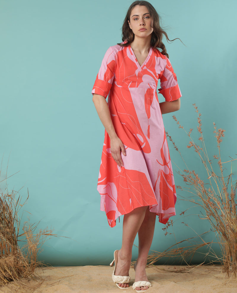 Rareism Women'S Daphne Orange Cotton Fabric 3/4Th Sleeves V-Neck Regular Fit Abstract Print Knee Length Asymmetric Dress