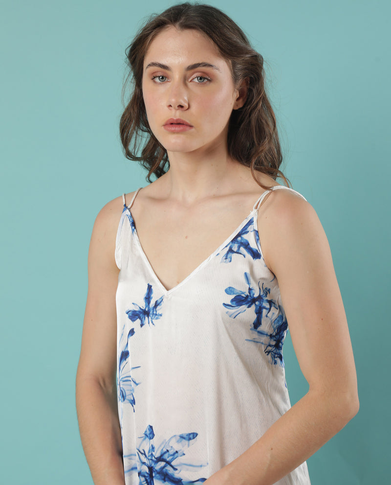 Rareism Women's Lola White Polyester Fabric Sleeveless Shoulder Straps Regular Fit Abstract Print Midi Tiered Dress