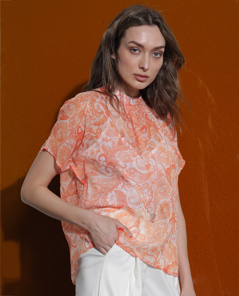 Rareism Women's Collen Orange Polyester Fabric Short Sleeves High Neck Regular Fit Abstract Print Top