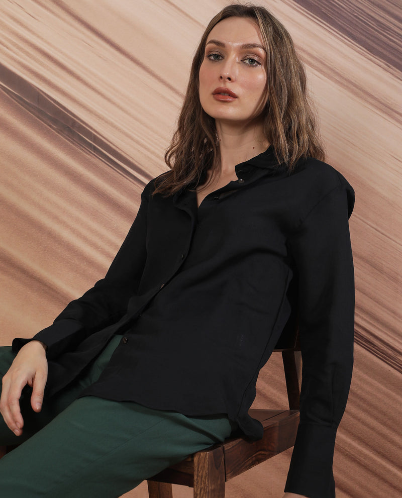 Rareism Women'S Harper Black Modal Fabric Regular Fit Shirt Collar Full Sleeves Solid Top