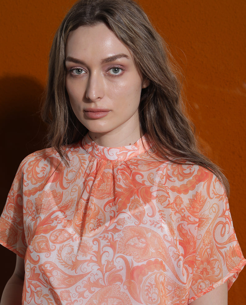 Rareism Women's Collen Orange Polyester Fabric Short Sleeves High Neck Regular Fit Abstract Print Top