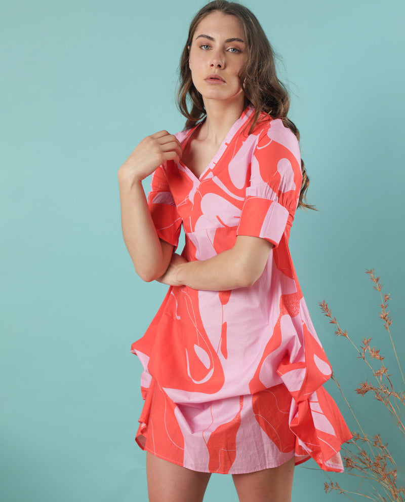 Rareism Women'S Daphne Orange Cotton Fabric 3/4Th Sleeves V-Neck Regular Fit Abstract Print Knee Length Asymmetric Dress