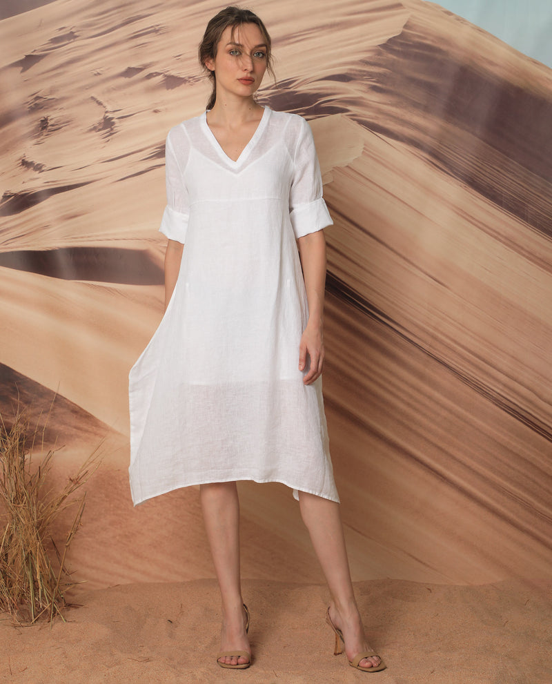 Rareism Women's Chreey 1 White V Neck Tie-up 3/4 Sleeves Symmetrical Knee Length Dress