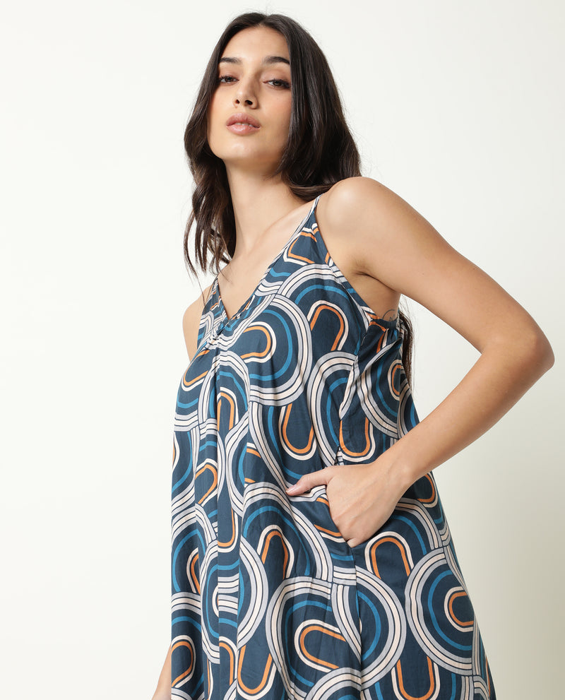BOTANY- COTTON ABSTRACT PRINTED LONG WOMEN'S DRESS - BLUE