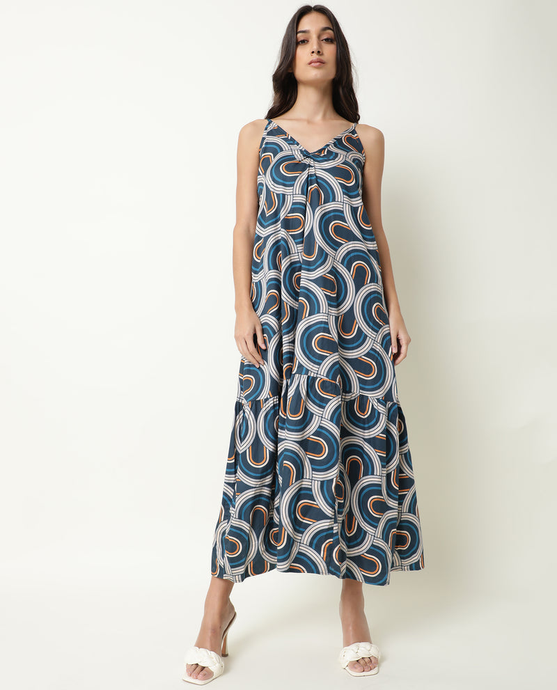 BOTANY- COTTON ABSTRACT PRINTED LONG WOMEN'S DRESS - BLUE