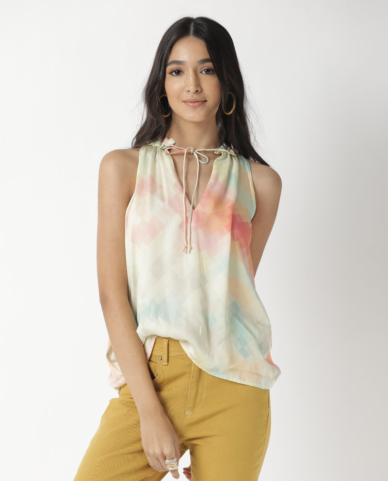 GROOT- ABSTRACT PRINTED SLEEVELESS WOMEN'S TOP - OFF WHITE