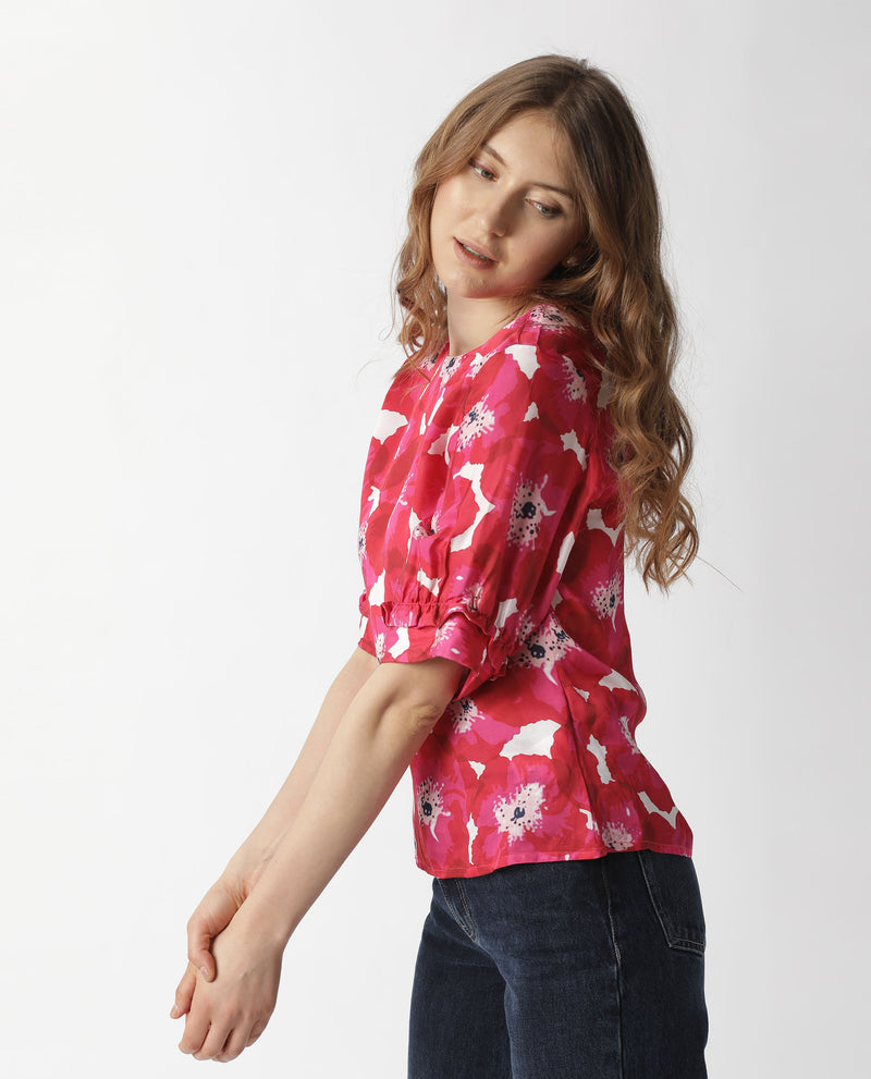 MALL- FLORAL PRINTED HALF SLEEVE WOMEN'S TOP - RED